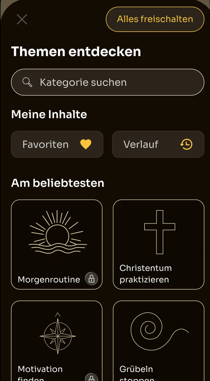 Bildschirm „Themen entdecken“ in Zen mit Kategoriesuche und Kategorien wie Morgenroutine, Motivation finden und Grübeln stoppen