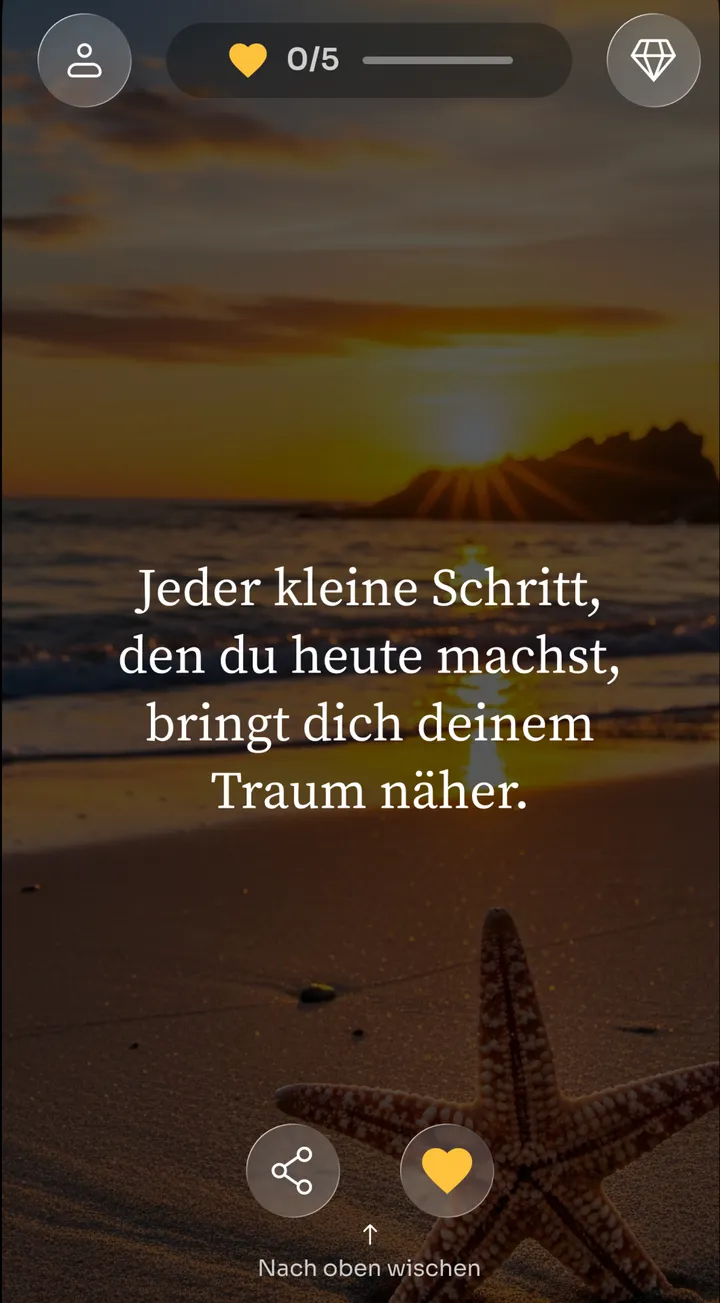 Zen-Affirmation „Jeder kleine Schritt, den du heute machst, bringt dich deinem Traum näher.“ an einem Strand bei Sonnenuntergang