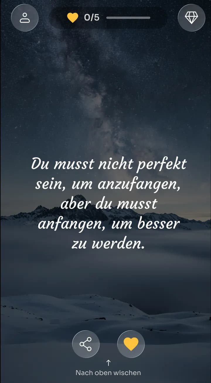 Zen-Affirmation „Du musst nicht perfekt sein, um anzufangen, aber du musst anfangen, um besser zu werden.“ unter einem Sternenhimmel in den Bergen