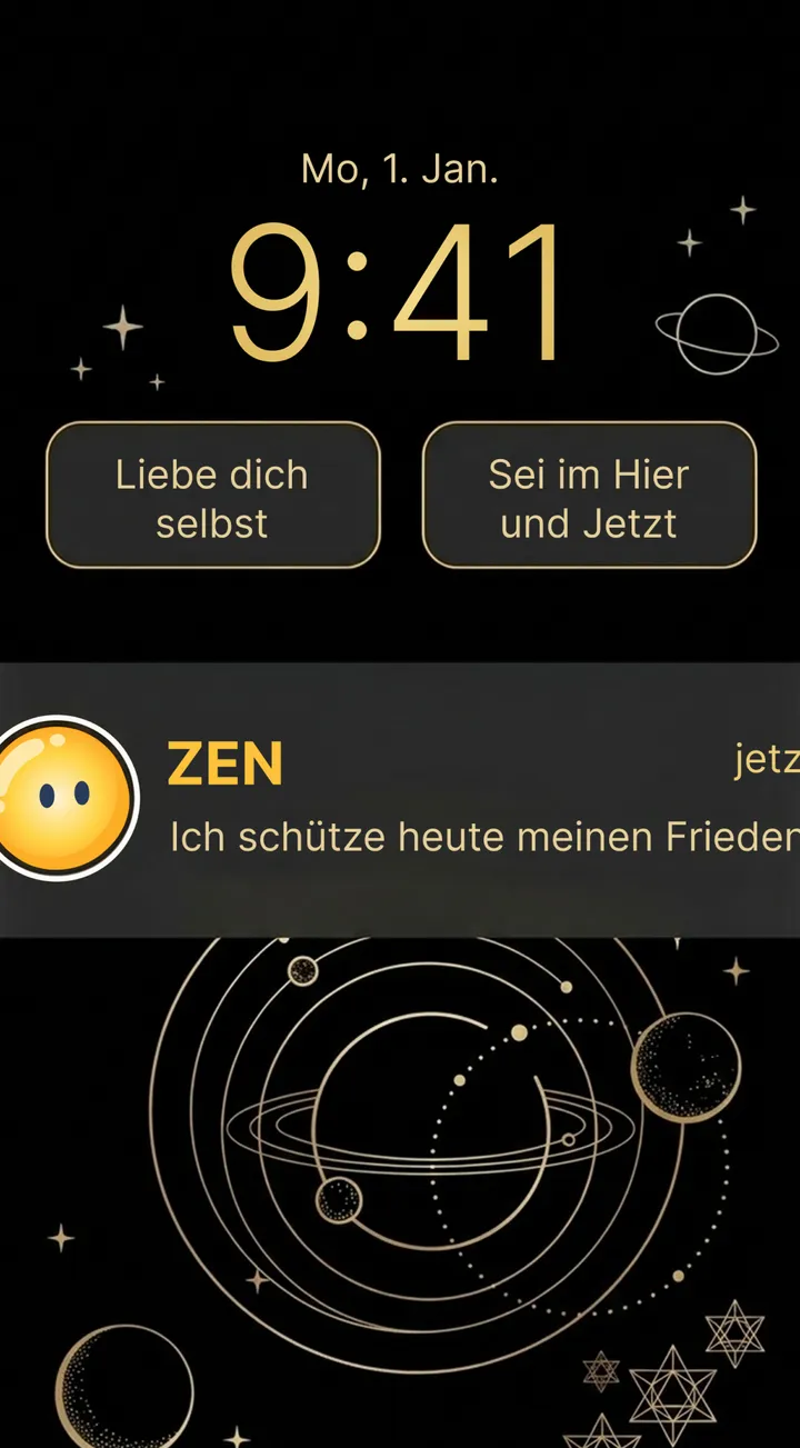 iPhone-Sperrbildschirm mit den Zen-Widgets „Liebe dich selbst“ und „Sei im Hier und Jetzt“ und der Zen-Erinnerung „Ich schütze heute meinen Frieden“