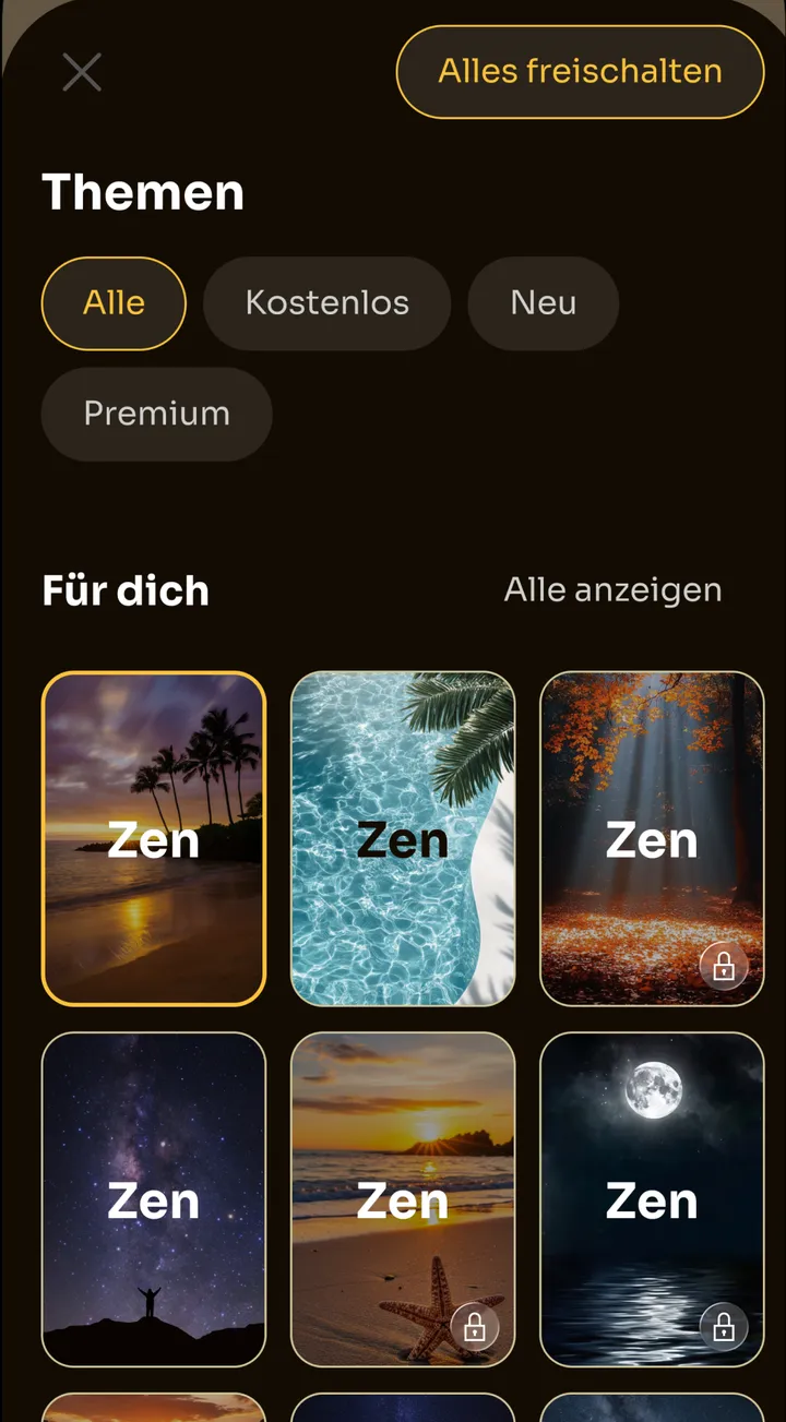 Design-Auswahl in Zen mit Hintergründen wie Palmen im Sonnenuntergang, Meerwasser, einem Herbstwald und einem Vollmond