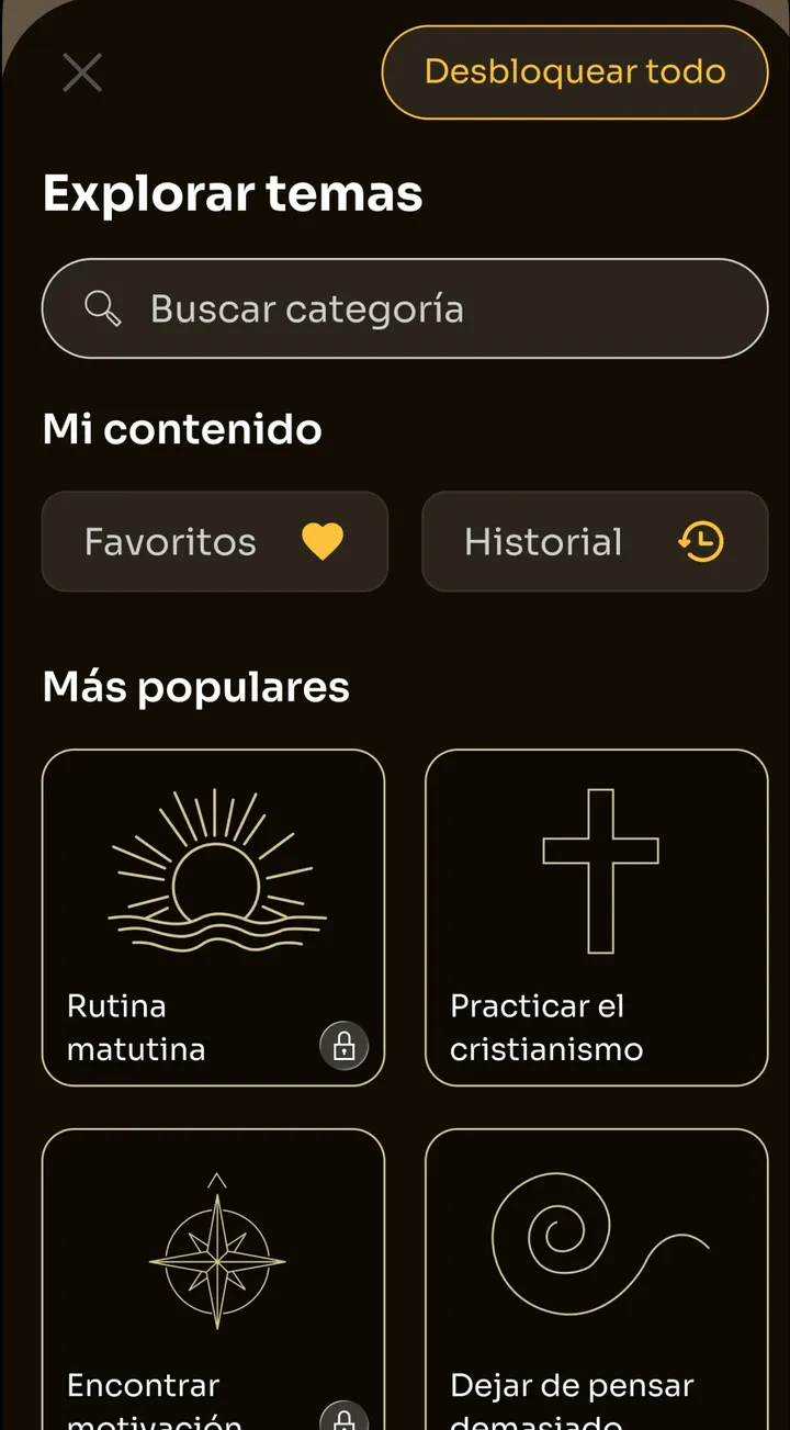 Pantalla Explorar temas de Zen con búsqueda de categorías y categorías como Rutina matutina, Encontrar motivación y Dejar de pensar demasiado