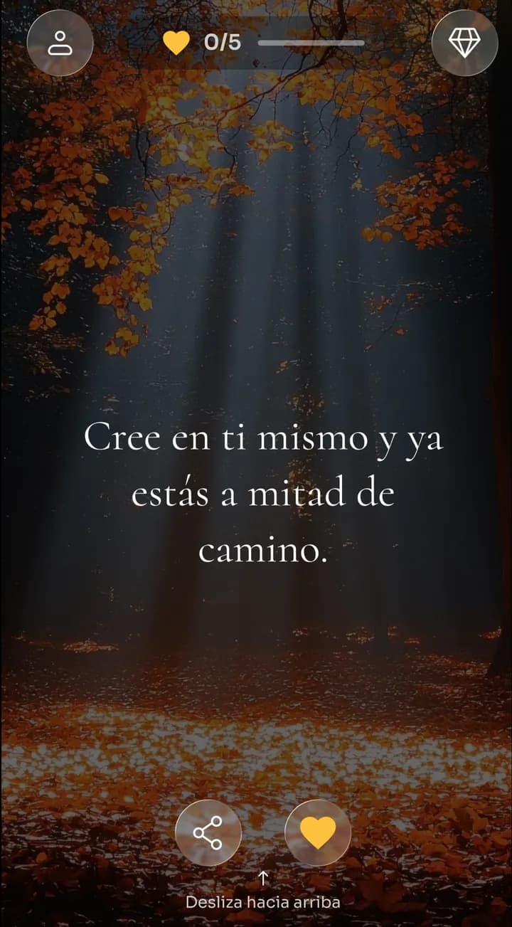 Feed de afirmaciones de Zen con «Cree en ti mismo y ya estás a mitad de camino» sobre un bosque otoñal
