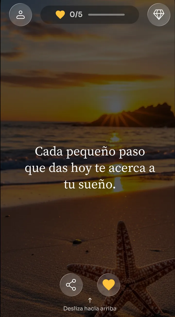 Afirmación de Zen «Cada pequeño paso que das hoy te acerca a tu sueño» sobre una playa al atardecer