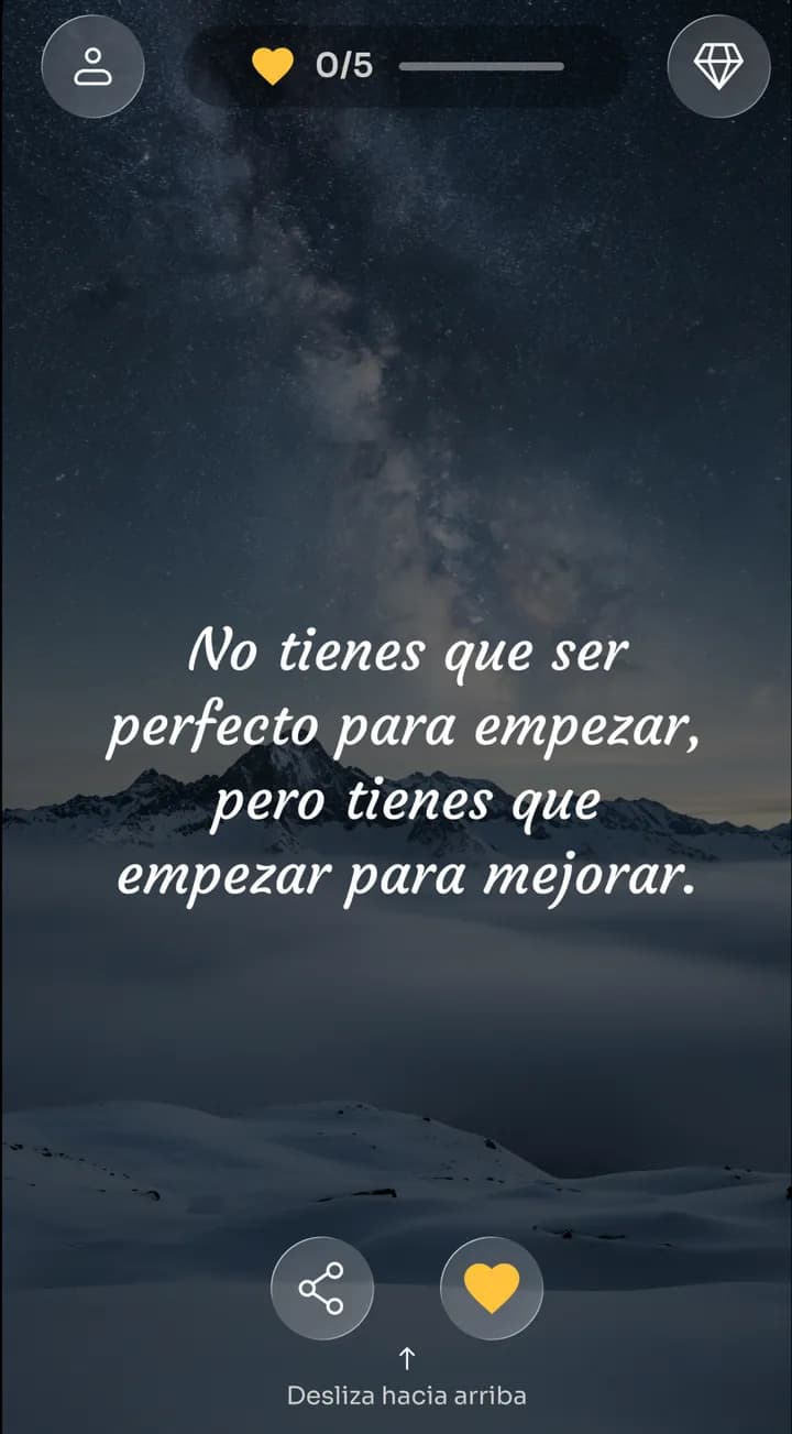 Afirmación de Zen «No tienes que ser perfecto para empezar, pero tienes que empezar para mejorar» bajo un cielo estrellado en la montaña