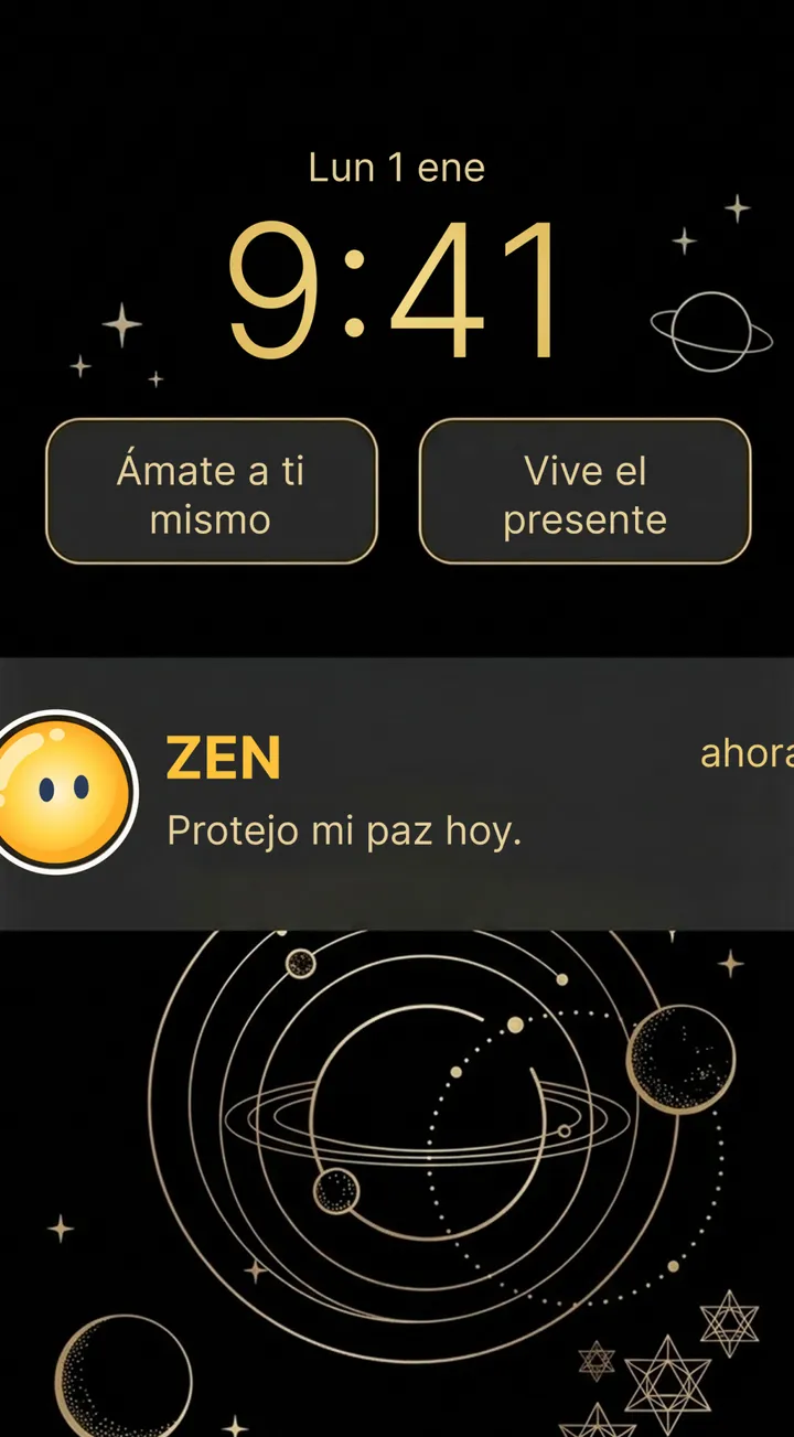 Pantalla de bloqueo de iPhone con los widgets de Zen «Ámate a ti mismo» y «Vive el presente» y el recordatorio de Zen «Protejo mi paz hoy»