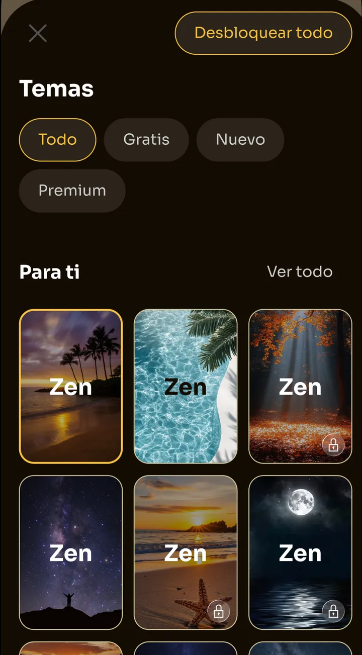 Selector de temas de Zen con fondos como palmeras al atardecer, agua del océano, un bosque otoñal y la luna llena