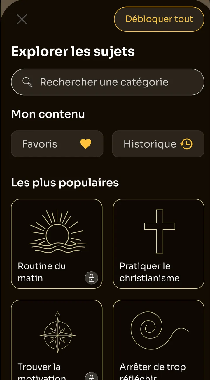 Écran Explorer les sujets de Zen avec la recherche de catégorie et des catégories comme Routine du matin, Trouver la motivation et Arrêter de trop réfléchir