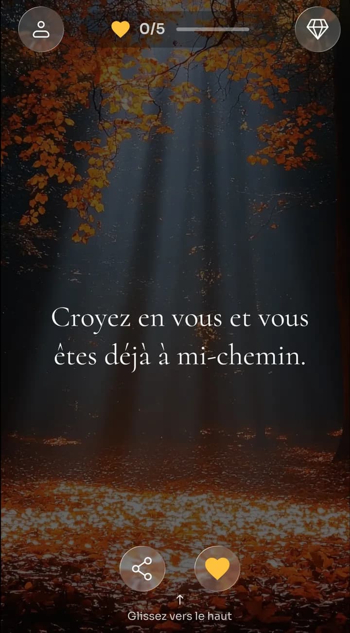 Fil d’affirmations Zen affichant « Croyez en vous et vous êtes déjà à mi-chemin » sur fond de forêt d’automne