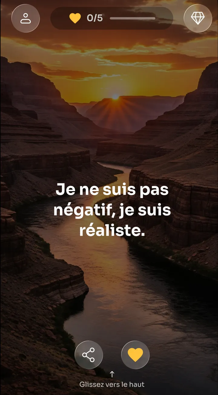 Fil Zen avec l’affirmation « Je ne suis pas négatif, je suis réaliste » sur un canyon au lever du soleil, avec les boutons Partager et Favoris