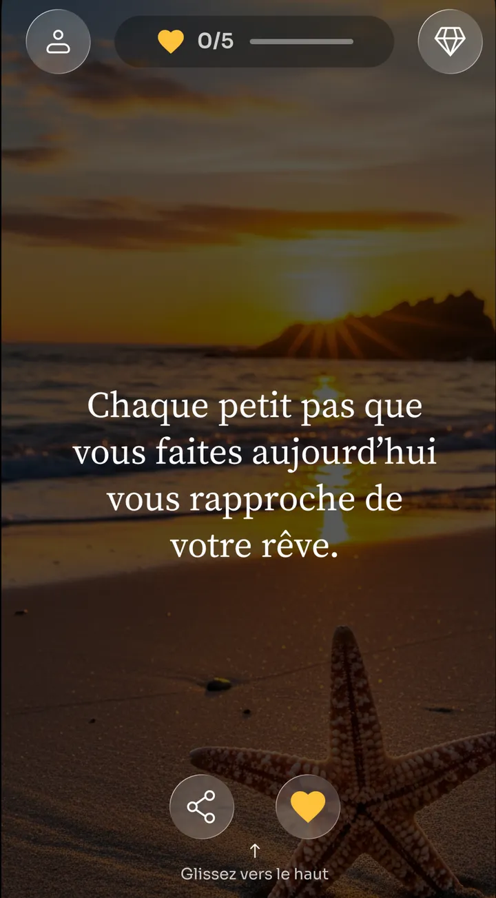 Affirmation Zen « Chaque petit pas que vous faites aujourd’hui vous rapproche de votre rêve » sur une plage au coucher du soleil