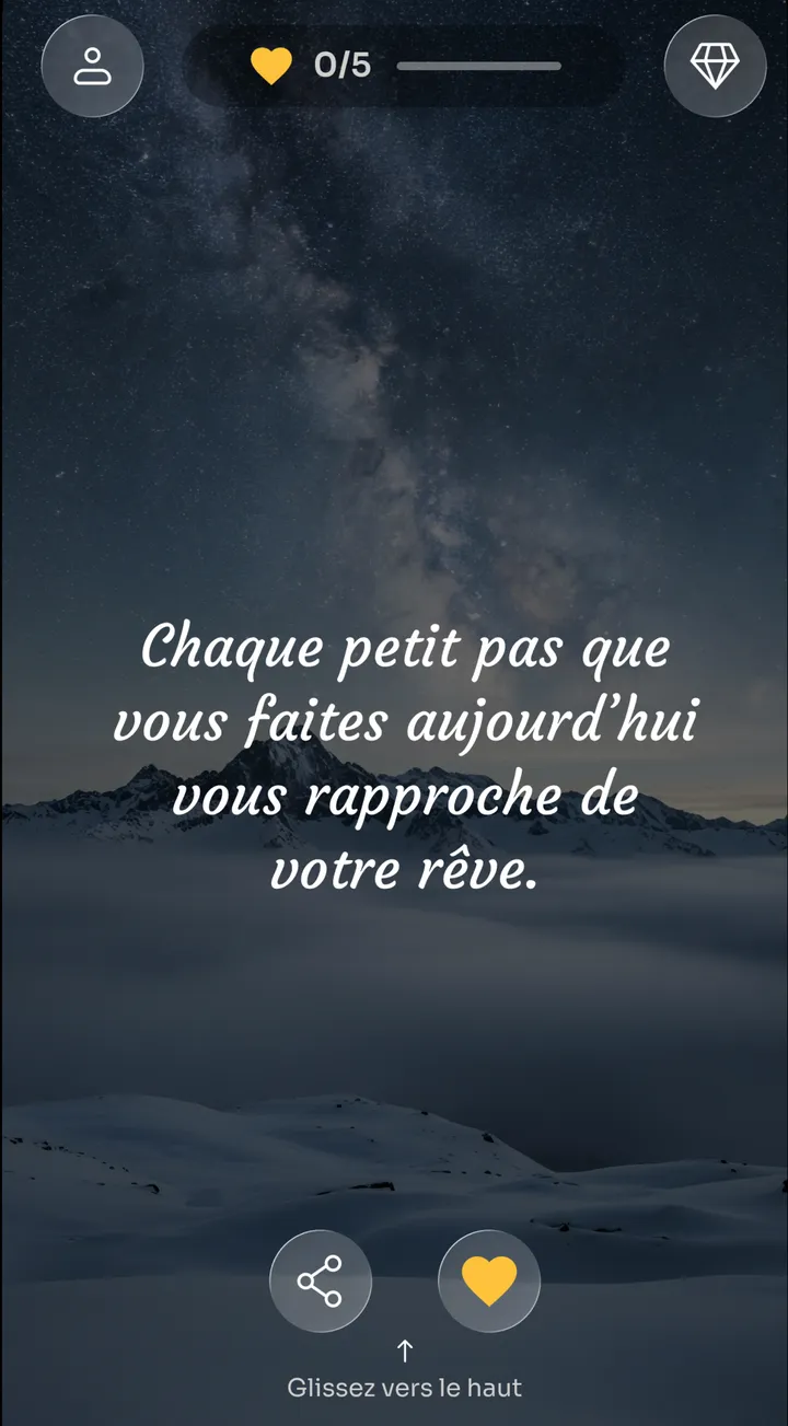 Affirmation Zen « Chaque petit pas que vous faites aujourd’hui vous rapproche de votre rêve » sous un ciel étoilé en montagne