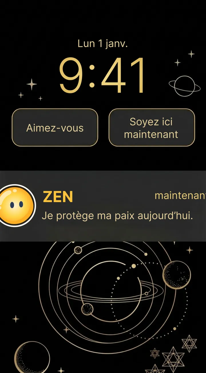 Écran de verrouillage d’iPhone avec les widgets Zen « Aimez-vous » et « Soyez ici maintenant » et un rappel Zen : « Je protège ma paix aujourd’hui »
