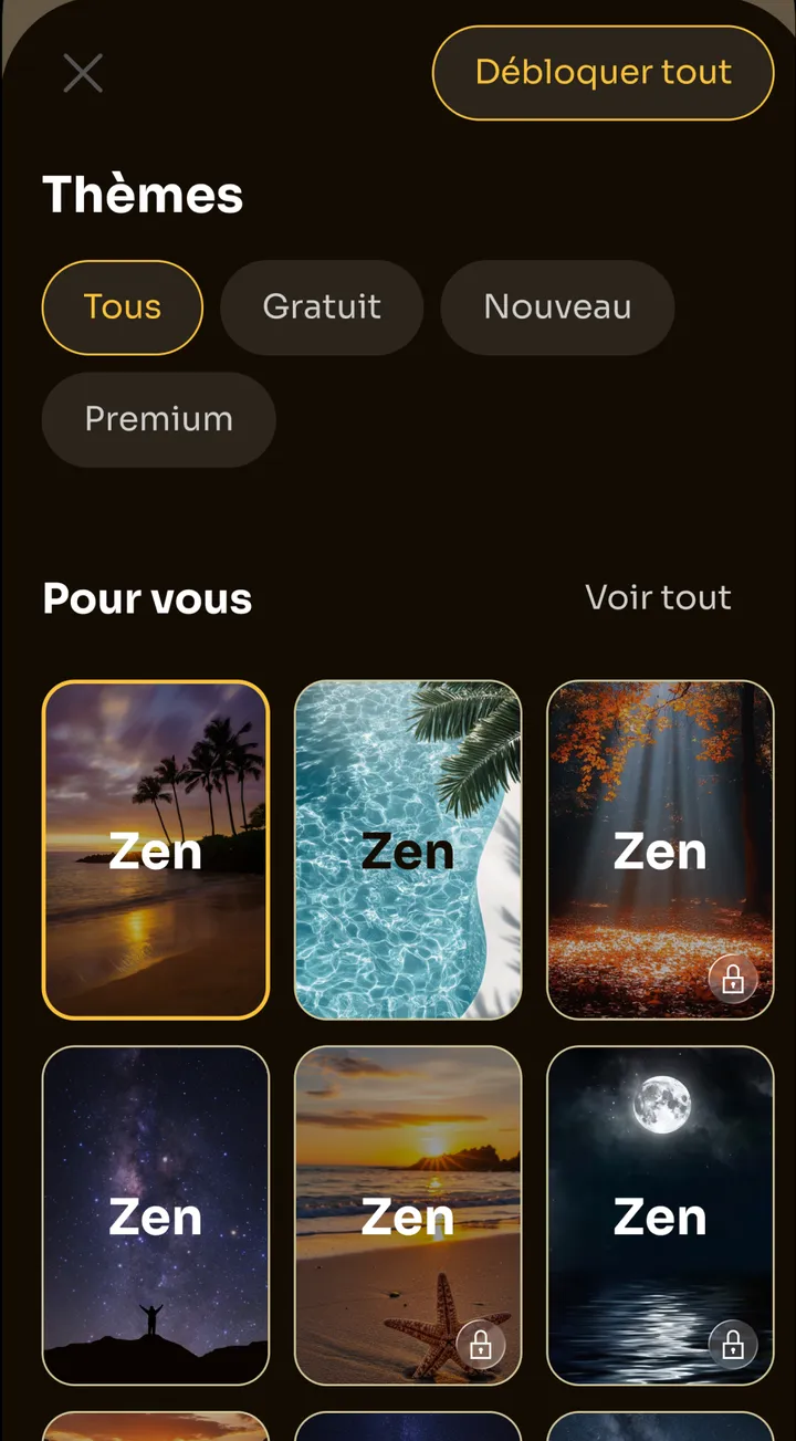 Choix du thème dans Zen, avec des fonds comme des palmiers au coucher du soleil, l’océan, une forêt d’automne et une pleine lune