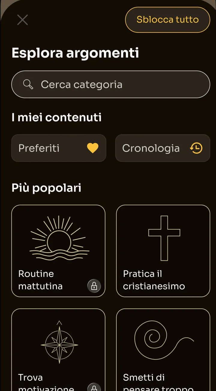 Schermata Esplora argomenti di Zen con la ricerca per categoria e categorie come Routine mattutina, Trova motivazione e Smetti di pensare troppo
