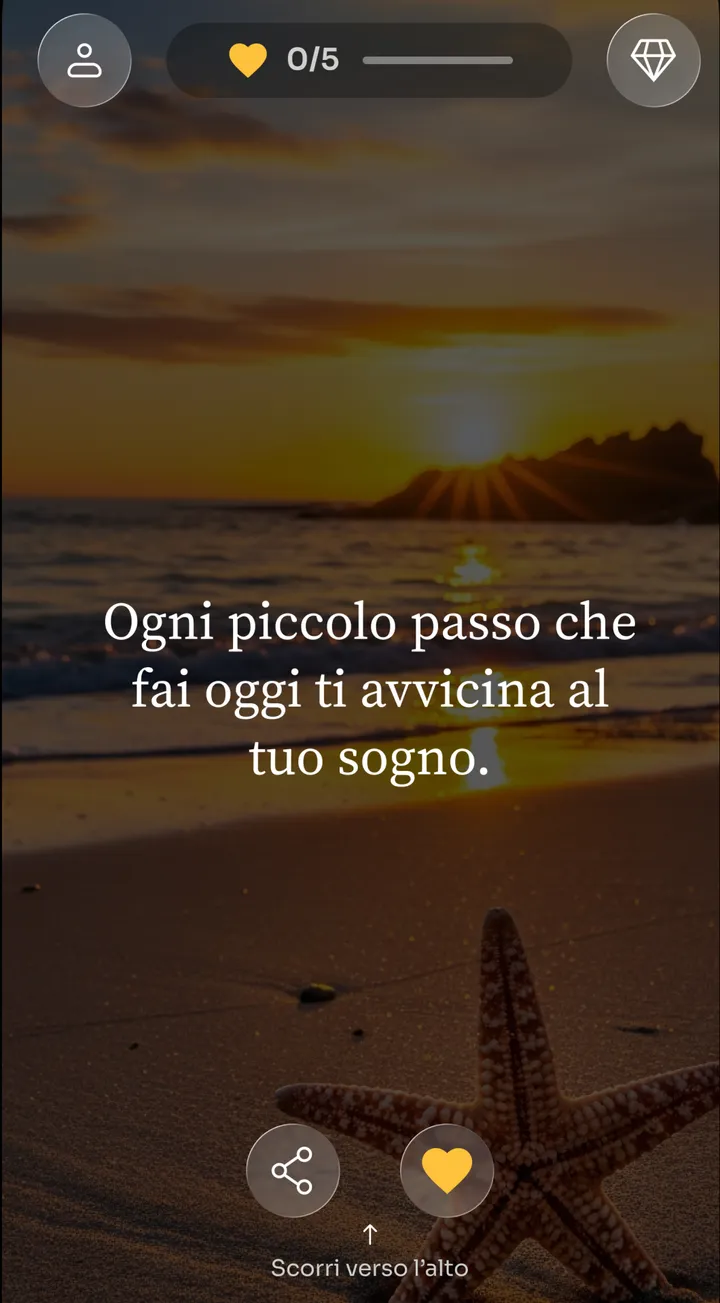 Affermazione di Zen «Ogni piccolo passo che fai oggi ti avvicina al tuo sogno» su una spiaggia al tramonto