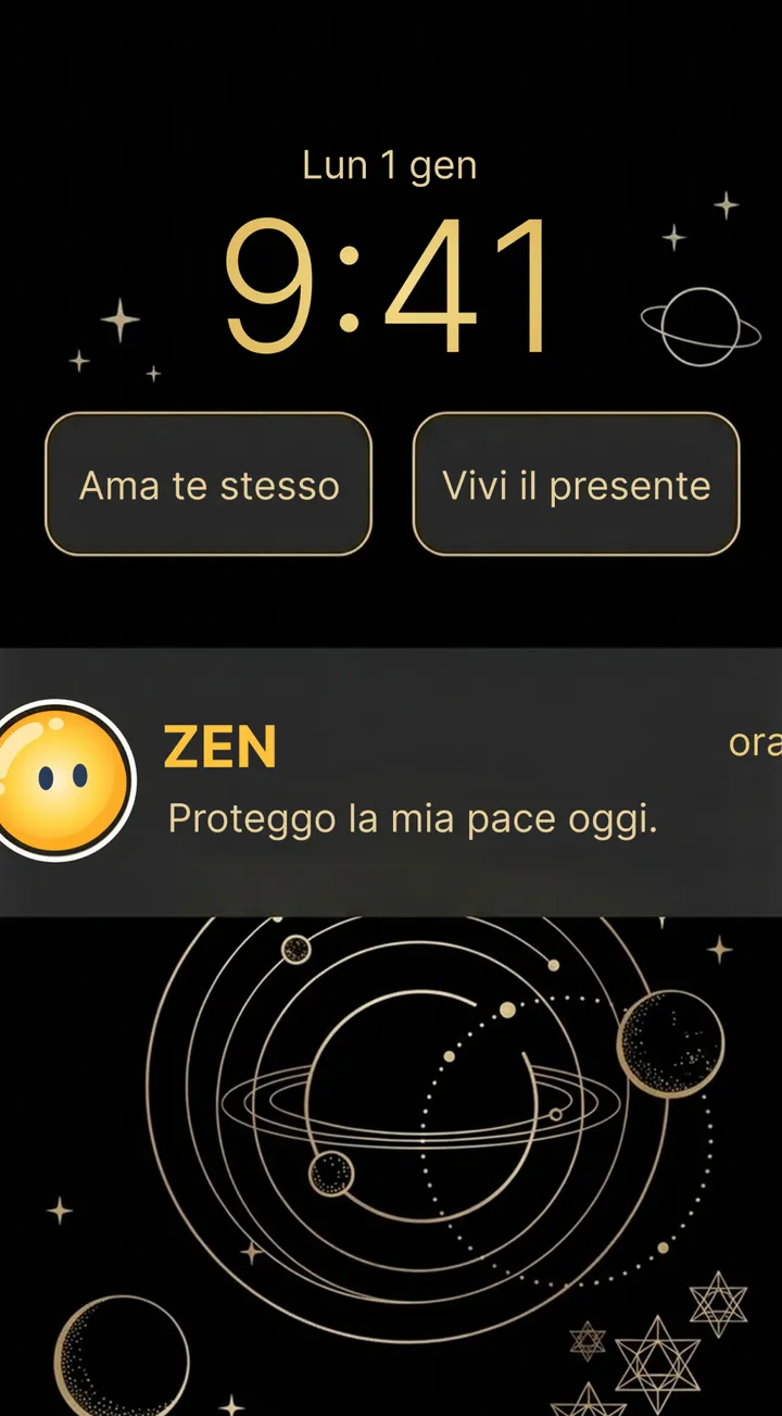 Schermata di blocco di iPhone con i widget Zen «Ama te stesso» e «Vivi il presente» e il promemoria Zen «Proteggo la mia pace oggi»