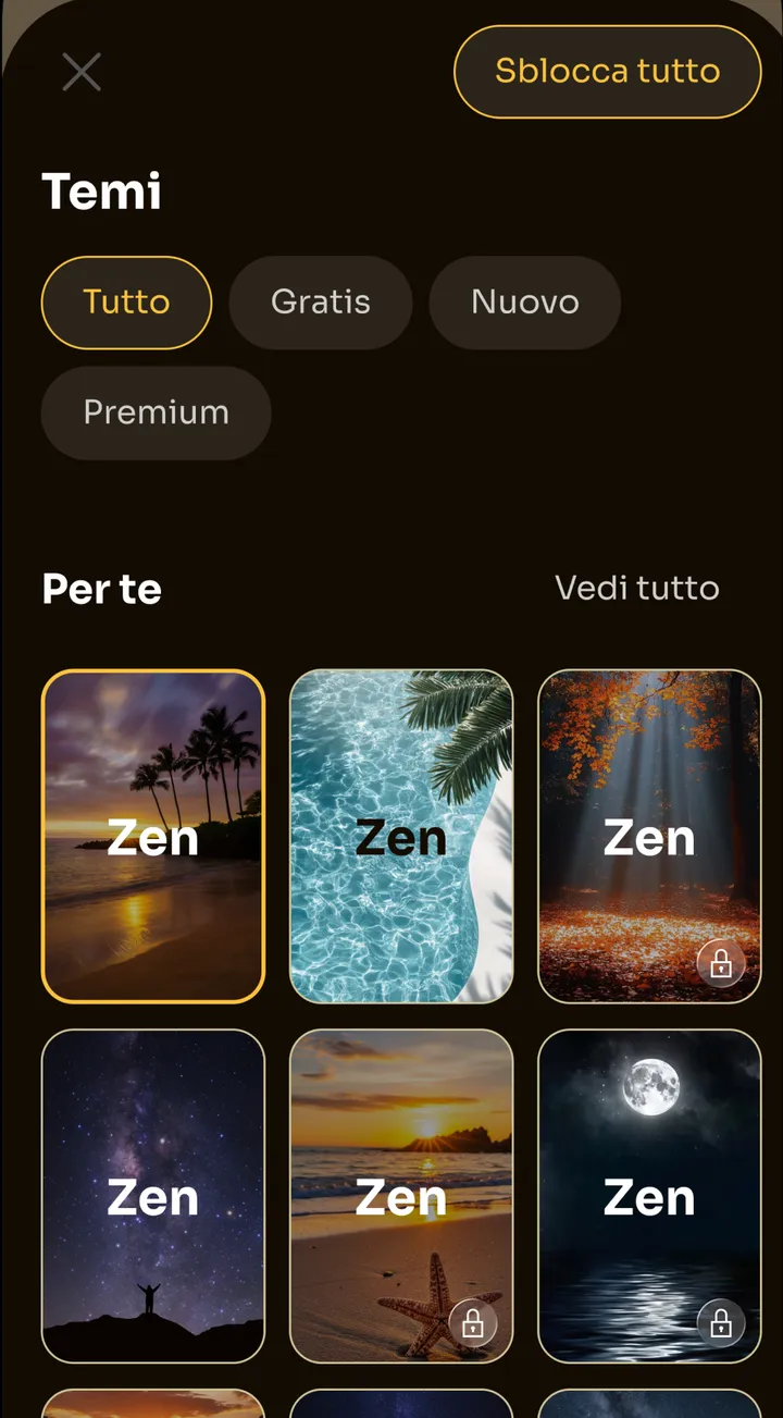 Scelta del tema in Zen, con sfondi come palme al tramonto, acqua dell’oceano, una foresta autunnale e la luna piena