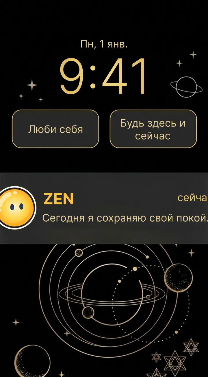 Экран блокировки iPhone с виджетами Zen «Люби себя» и «Будь здесь и сейчас» и напоминанием Zen «Сегодня я сохраняю свой покой»